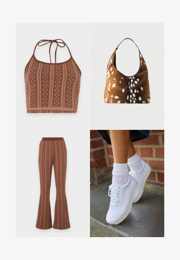 Top crop halter à motifs marron, présentant des designs géométriques avec des accents blanc cassé, des liens au cou ajustables et une finition douce et texturée.; Pantalons évasés marron avec un motif comprenant des rayures verticales et des formes géométriques. Ceinture élastique, texture douce.; Baskets en toile blanches avec semelles en caoutchouc, dotées de six œillets, d'un bout rond et de détails de couture légers, portées avec des chaussettes blanches mi-mollet.; Sac à main marron et noir avec une texture en fourrure blanche tachetée, doté d'une seule bandoulière noire, sur un fond uni.