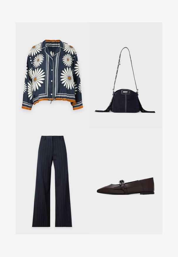 Chemise bleu marine à manches longues avec imprimé floral de marguerites blanches, centres orange, boutons blancs et bordure orange aux poignets et à l'ourlet.; Pantalon large bleu marine avec fines rayures blanches verticales, passants de ceinture et fermeture éclair à l’avant.; Chaussure plate marron foncé à bout pointu avec talon bas et bride décorative à la cheville ornée d'une boucle en argent sur fond uni.; Sac à main en daim bleu foncé avec des coutures blanches, une poignée découpée, une bandoulière à motif et de longues franges des deux côtés.