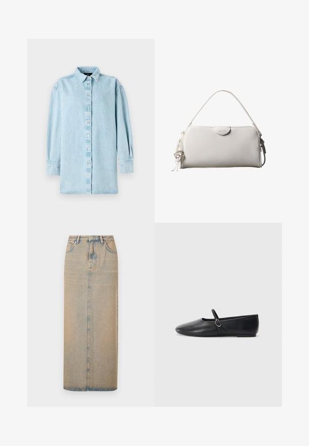 Helle blaue Denim-Hemd mit knöpfbarem Vorderteil, langen Ärmeln und klassischem Kragen. Verfügt über einen leicht lässigen Schnitt und subtile Textur.; Ein langer Jeansrock in Hellblau mit geradem Schnitt. Verfügt über fünf Taschen, Gürtelschlaufen und eine vordere Knopfleiste. Geblichtextur über die gesamte Fläche.; Schwarze Leder-Ballettschuhe mit spitzem Schuhzeug, flacher Sohle und einem kleinen Riemen mit silberner Schnalle.; Weiße rechteckige Calvin Klein Handtasche mit einem einzelnen Henkel, minimalistischem Design und dekorativen Quasten mit geometrischem Metallanhänger an der Seite.