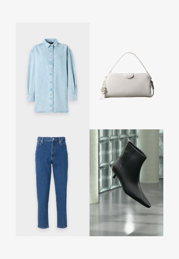 Lyseblå denimskjorte med knaplukning foran, lange ærmer og klassisk krave. Har en let løs pasform og subtil tekstur.; Blå denim jeans med høj talje, lynlås, fem lommer, lige ben og en diskret fadet tekstur, samt en ren sømfinish.; Sort læderankelstøvle med spids tå og lav kitten-hæ, vist vinklet mod en poleret gulv- og glasblokvæg.; Hvid rektangulær Calvin Klein håndtaske med enkelt håndtag, minimalistisk design og dekorative kvaster med geometrisk metalvedhæng på siden.