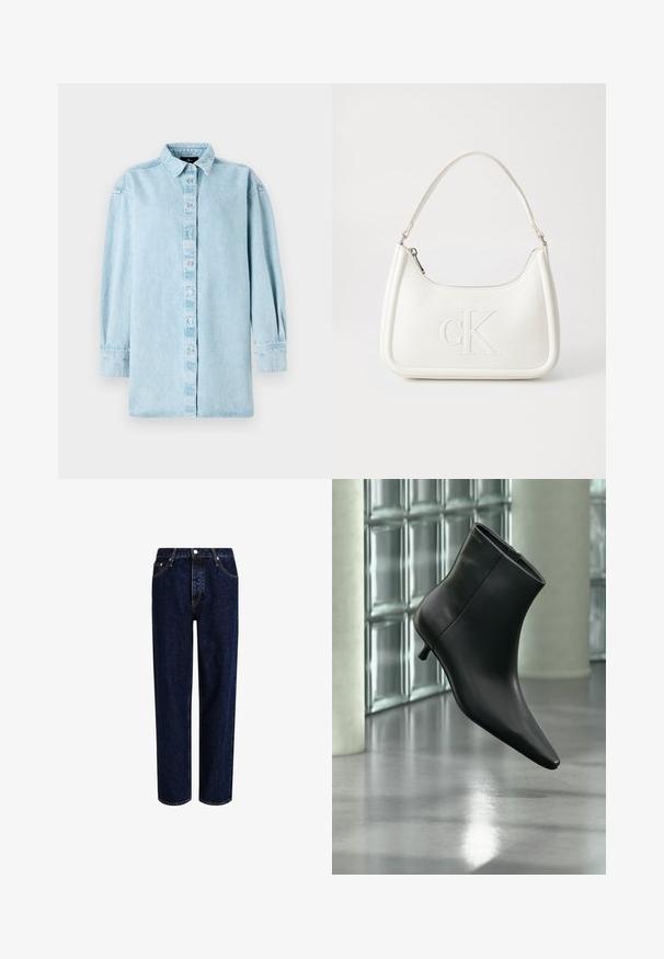 Camisa de mezclilla azul claro con frente de botones, mangas largas y cuello clásico. Presenta un ajuste ligeramente holgado y una textura sutil.; Jeans de mezclilla azul oscuro con un diseño de pierna recta, que presentan una cintura alta, estilo de cinco bolsillos y costuras en contraste. Sin adornos.; Botín negro de cuero con punta puntiaguda y tacón bajo estilo kitten, mostrado en ángulo sobre un suelo pulido y con una pared de bloques de vidrio de fondo.; Bolso de mano de cuero blanco con forma curvada, con un logo "CK" en relieve en la parte delantera y una sola correa para el hombro. Cierre de cremallera en la parte superior.