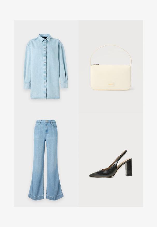 Lyseblå denimskjorte med knaplukning foran, lange ærmer og klassisk krave. Har en let løs pasform og subtil tekstur.; Lyseblå videste bukser i denim, høj talje med knaplukning, med en ren finish og flagrende kant med sideslids.; Sort læder peep-toe slingback sko med høj blokhæl og beige indvendig foring mod en ensfarvet lys baggrund.; Kremfarvet rektangulær håndtaske med en enkelt rem og lynlås øverst, med en lille præget logo-plakette foran.