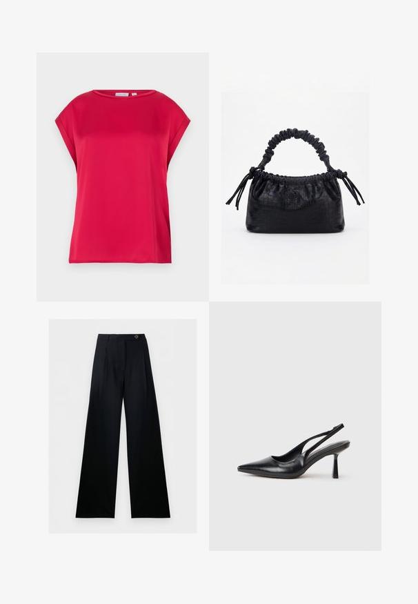 Haut rouge à manches courtes en tissu lisse avec un col rond et une coupe ample. Lignes épurées sans motifs ni accents visibles.; Pantalon noir à jambes larges, taille haute, fermeture boutonnée à l’avant, avec passants de ceinture, présenté sur fond blanc.; Chaussure à talon haut en cuir noir, à bride arrière, avec un bout pointu et un talon fin sur fond blanc.; Sac à main noir avec texture crocodile, bord supérieur froncé, poignée plissée et pompons à cordon de chaque côté sur fond blanc.