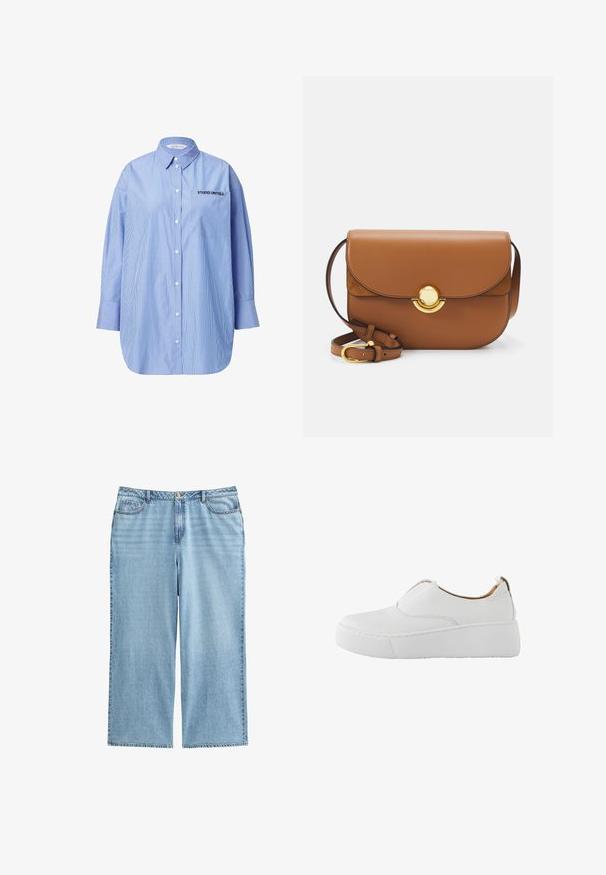 Gestreepte blauwe button-up shirt met een zak met de tekst "STUDIO UNTOLD", klassieke kraag en lange mouwen.; Lichtblauwe denim culottes met een hoge taille, brede benen en een vijf-pocket ontwerp met contrasterende stiksels en een knoopsluiting.; Witte slip-on sneaker met dikke platformzool en ronde neus, ontworpen voor casual gebruik.; Bruine leren schoudertas met ronde randen, magnetische flapsluiting en gouden hardware. Verstelbare schouderband voor veelzijdigheid.
