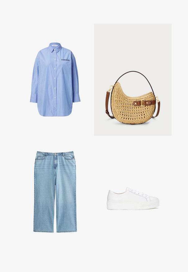 Stribet blå skjorte med knapper og lomme, hvor der står "STUDIO UNTOLD", klassisk krave og lange ærmer.; Lyseblå denimculottes med høj talje, vide ben og fem lomme-design med kontrasterende syninger og knaplukning.; Hvide lædersneakers med en glat overflade, rund tå og flad sål. Har snørebåndslukning og diskrete syninger.; Vævet halmmulesæk med en buet form, brunt læderstrop med spænde og en naturlig tan farve. Tekstureret overflade med synlige sting.