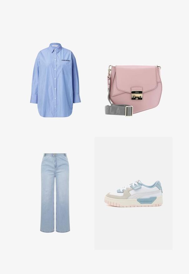 Gestreifte blaue Button-up-Bluse mit einer Tasche, die den Text "STUDIO UNTOLD" zeigt, klassischem Kragen und langen Ärmeln.; Hellblaue Jeans mit weitem Bein, elastischem Bund, vorderer Knopfleiste, Reißverschluss und sichtbaren Nähten auf weißem Hintergrund.; Sneaker mit einem Obermaterial aus weißem Leder, hellblauen Akzenten, beigen Wildlederpaneelen und einer strukturierten rosa Gummisohle; gesticktes Logo an der Seite.; Rosa Leder Umhängetasche mit Klappenverschluss, silberner Hardware und einem grauen Schultergurt mit dem Markennamen. Glatte Textur, minimalistisches Design.