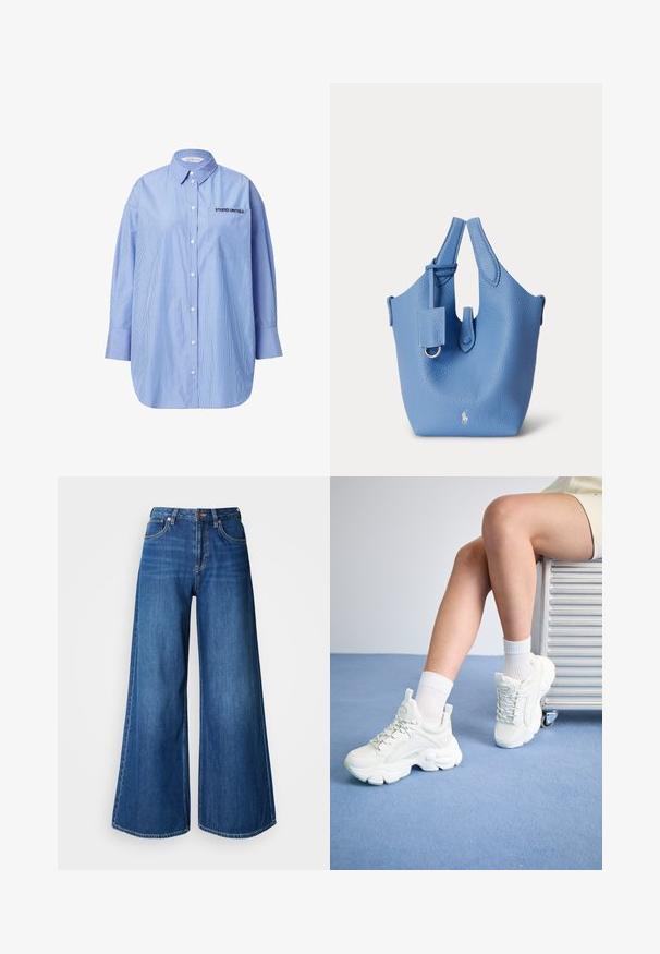 Stribet blå skjorte med knapper og lomme, hvor der står "STUDIO UNTOLD", klassisk krave og lange ærmer.; Blå viddeben jeans lavet af denim. Har høj talje, rene linjer og kontrastsyninger. Benene flæner markant ud ved kanten.; Hvide snøre-sneakers med en chunky sål, der har glat syntetisk materiale, teksturerede detaljer og en løkke på hælen.; Blå tekstureret læderhåndtaske med dobbelte håndtag, en lille fastgjort pung og et diskret hvidt logo nær bunden på en ensfarvet baggrund.