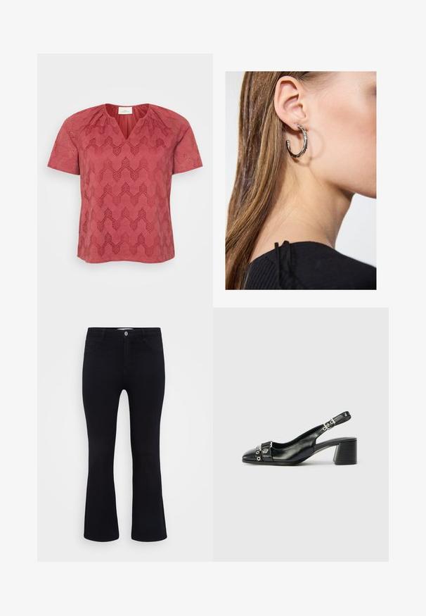 Haut rouge à manches courtes avec un col en V, doté d'un motif en dentelle géométrique texturée sur l'ensemble et de détails froncés sur les épaules.; ONLY Carmakoma Flared fit CARTHUNDER Mid waist - Jean flare - black denim; Sandale à talon en cuir noir avec un bout pointu, une sangle texturée ornée d'accents métalliques circulaires et un talon empilé.; Boucle d'oreille en argent avec une finition polie, présentant de petits détails en or et de forme ronde, portée sur le lobe.