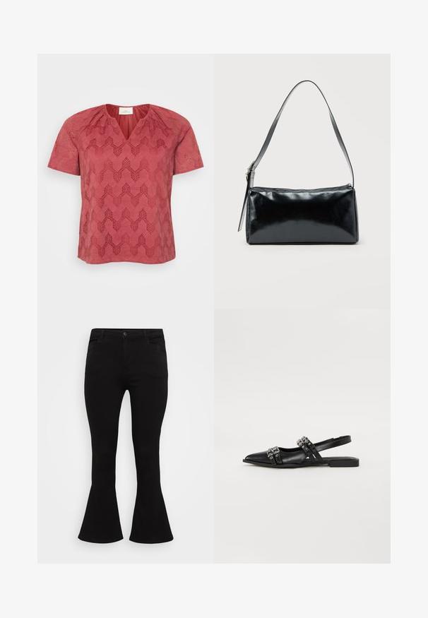 Rotes kurzärmliges Oberteil mit V-Ausschnitt, das ein strukturiertes geometrisches Spitzenmuster aufweist und Raffungen an den Schultern hat.; Schwarze ausgestellte Jeans mit einer taillierten Passform, klassischem Fünf-Taschen-Design und glatter Denim-Oberfläche mit einem subtilen Stretchanteil.; Even&Odd Sling-Ballerina - black; Schwarze rechteckige Schultertasche mit einem verstellbaren Riemen und einem oberen Reißverschluss vor einfachem Hintergrund.