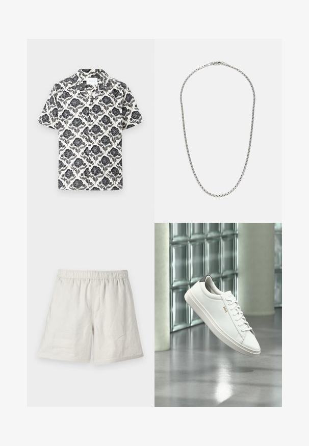 Kortærmet skjorte med blomstermønster i sort på cremefarvet baggrund, med krave og løs pasform.; Lysbeige linnedshorts med elastisk talje, der har en afslappet pasform og minimale sømme for et simpelt, afslappet design.; Hvid læder lav-top sneaker med snørebånd, sort hælflig og "BOSS"-logo, svævende indendørs nær glasblok væg og poleret gulv.; Sølv kæde med et skiftende led-design. Har flade, rektangulære led og en sikker lås, glat overflade gennem hele kæden.
