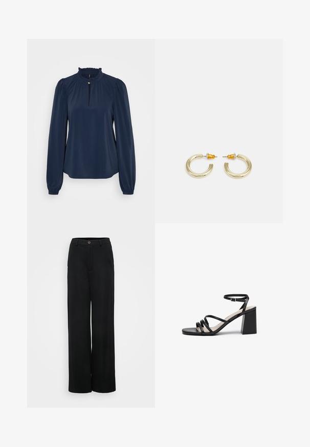 Blusa de manga larga azul marino con un cuello rizado, una pequeña abertura en forma de llave y mangas gatheradas con puños elásticos. Textura suave.; Pantalones negros de pierna ancha con una textura suave, que cuentan con un cierre de botón y bolsillos delanteros. Diseño clásico y versátil, adecuado para diversas ocasiones.; Sandalias negras de tacón con múltiples tiras finas, punta cuadrada y tacón ancho, con una correa de tobillo ajustable. Textura de cuero suave.; Pendientes de aro en tono dorado con una forma suave y redondeada y un acabado pulido. Presentan acentos naranjas en la parte trasera para un ajuste seguro.