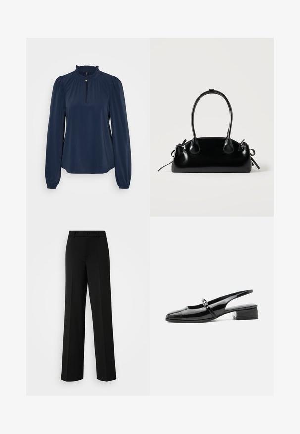 Mørkeblå langærmet bluse med flæsekrave, en lille nøglehulåbning og samlede ærmer med elastiske manchetter. Glat tekstur.; ONLY Tall ONLPEACH LIFE WIDE - Bukser - black; Sort laklæderslingback-sko med lav blokhæl og tynd rem med sølvspænde over toppen.; Lille sort blank håndtaske med to lange håndtag og snøre-detaljer i siden på en ensfarvet lys baggrund.