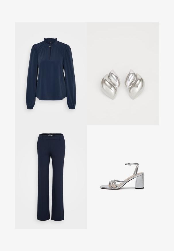 Blusa de manga larga azul marino con un cuello rizado, una pequeña abertura en forma de llave y mangas gatheradas con puños elásticos. Textura suave.; Pantalones de tela elástica azul marino, con cintura plana, bolsillos laterales y diseño de pierna acampanada. Textura suave, aptos para uso casual o formal.; Sándal de tacón alto metálica plateada con tacón cuadrado, tira delgada en el tobillo y múltiples tiras anchas en el área delantera del pie. Textura suave.; Pendientes de plata con una forma orgánica y abstracta. Superficie lisa y brillante con un diseño cónico. Presentan suaves curvas y un detalle de línea central.