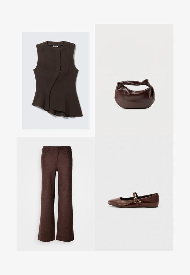 Haut sans manches en tissu marron foncé ; présente un design drapé avec un ourlet asymétrique et une texture lisse. Étiquette de marque visible à l'intérieur du col.; Pantalons évasés marron en tissu doux semblable à du daim. Comprend quatre poches, une fermeture à bouton et une surface lisse et texturée.; Ballerine en cuir verni marron avec un bout carré et une lanière ornée d'une petite boucle dorée. Texture lisse, talon bas et design minimaliste.; Sac bandoulière en cuir marron foncé avec une forme souple et décontractée et une anse nouée torsadée sur un fond blanc uni.