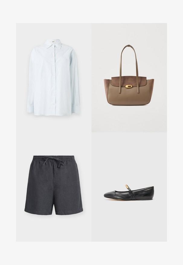 Hellblau gestreiftes Button-up-Hemd aus glattem Stoff; mit klassischem Kragen und langen Ärmeln mit Knopfmanschetten.; Dunkelgraue Leinen-Shorts mit elastischem Bund und verstellbarem Kordelzug, mittellang bis zum Oberschenkel, schlichtes Design, auf weißem Hintergrund dargestellt.; Schwarze Leder-Ballettschuhe mit spitzem Zehenbereich, schlankem Riemen und einem kleinen goldenen Akzent nahe dem Riemen. Glatte Textur und niedriger Absatz.; Braune Leder-Tasche mit glatter Oberfläche, doppelten Schulterriemen und einem goldfarbenen Verschlussakzent auf der Vorderseite. Gespaltenes Texturdesign.