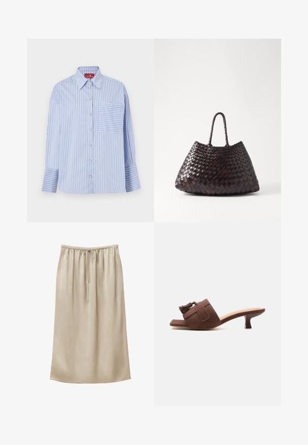 Blå og hvid stribet skjorte med krave, lange ærmer, frontknapper og en venstre brystlomme med matchende striber.; Beige midi nederdel med elastisk talje og justerbar snor, glat stof, lige snit, afslappet design.; Brun ruskind mule med mellemhøj kattedyrhæl, firkantet tå og kvastdetalje på den brede rem over foden.; DRAGON DIFFUSION SANTA CROCE BIG - Håndtasker - dark brown