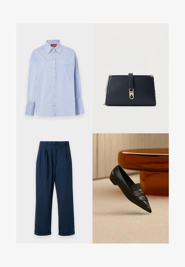 Camisa de rayas azul y blanca con cuello, mangas largas, botones en la parte frontal y un bolsillo en el pecho izquierdo con rayas a juego.; Pantalones de pierna recta azul marino, hechos de tela suave, con pliegues en la parte delantera y puños enrollados en el dobladillo para un acabado limpio.; Mocasín de cuero negro con punta puntiaguda y detalle de flecos, colocado sobre una alfombra beige cerca de una mesa redonda de cristal naranja.; Bolso de mano de cuero azul marino con cadena de correa en tono dorado y cierre frontal. Presenta una textura suave y un diseño angular.