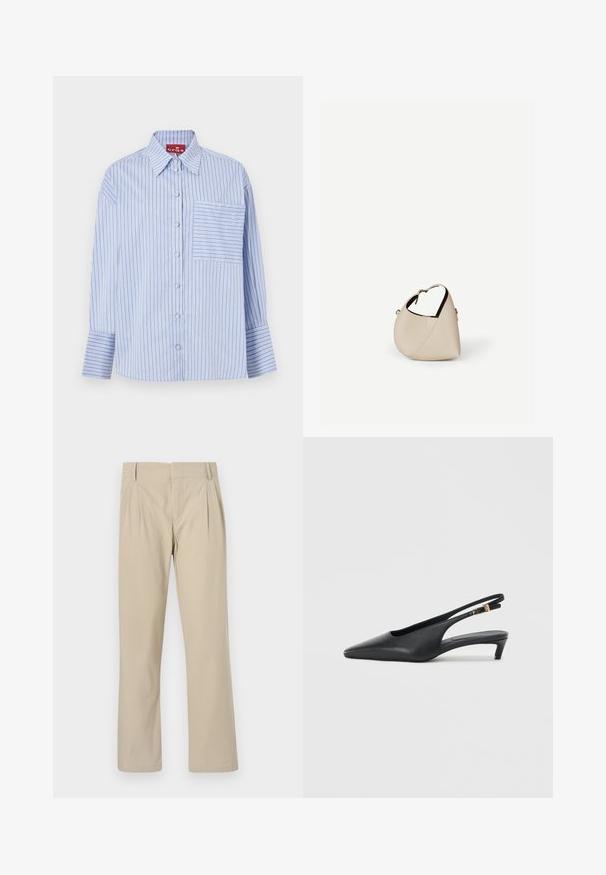 Camisa de rayas azul y blanca con cuello, mangas largas, botones en la parte frontal y un bolsillo en el pecho izquierdo con rayas a juego.; Pantalones de pierna ancha beige hechos de una mezcla de algodón; presentan pliegues en la parte frontal, corte recto y presillas para cinturón. Textura suave, sin patrones.; Zapatos de tacón estilo slingback negros con punta afilada, textura de cuero suave, un tacón bajo tipo kitten heel y una correa con un detalle de hebilla metálica.; Bolso de cuero beige en forma de media luna con una sola correa para el hombro y costuras mínimas, colocado sobre un fondo blanco liso.