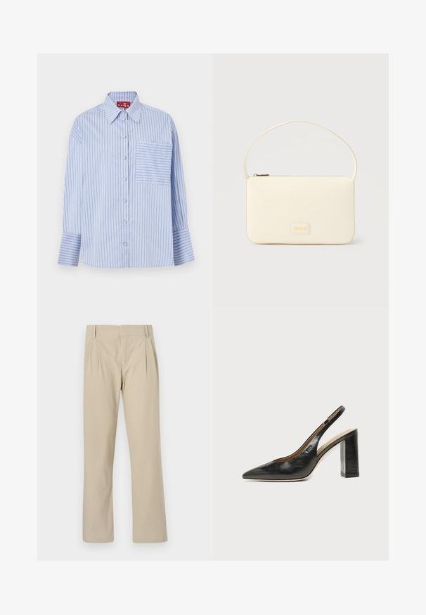 Camisa de rayas azul y blanca con cuello, mangas largas, botones en la parte frontal y un bolsillo en el pecho izquierdo con rayas a juego.; Pantalones de pierna ancha beige hechos de una mezcla de algodón; presentan pliegues en la parte frontal, corte recto y presillas para cinturón. Textura suave, sin patrones.; Zapato slingback de piel negra con puntera puntiaguda, tacón alto y ancho, y forro interior beige sobre un fondo claro y liso.; Bolso rectangular color crema con una sola correa y cremallera superior, con una pequeña placa de logotipo en relieve en el frente.