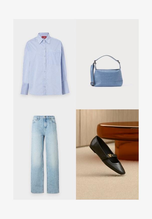 Camisa de rayas azul y blanca con cuello, mangas largas, botones en la parte frontal y un bolsillo en el pecho izquierdo con rayas a juego.; Jeans de mezclilla de corte ancho en azul claro, con un diseño clásico de cinco bolsillos, cierre de botón y un ligero desgaste para dar textura.; Zapato plano de cuero negro con puntera puntiaguda y logo dorado de CK en la correa, colocado sobre una alfombra beige cerca de una mesa redonda marrón ámbar.; Bolso azul claro con relieve de cocodrilo, asa corta y correa de hombro desmontable. Textura lisa con cierre de cremallera.