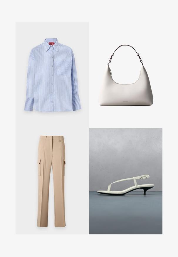 Camisa de rayas azul y blanca con cuello, mangas largas, botones en la parte frontal y un bolsillo en el pecho izquierdo con rayas a juego.; Pantalones cargo beige con dos bolsillos laterales, un frente plano y un acento metálico cuadrado en la cinturilla. Hechos de una tela suave y ligera.; Sandalia blanca de tacón kitten con tiras y punta afilada, flotando sobre un suelo de baldosas de madera al aire libre, con un fondo desenfocado de plantas y pared.; Bolso de hombro de cuero color crema de Calvin Klein con borde superior curvado, cremallera plateada y correa ajustable marrón oscuro.