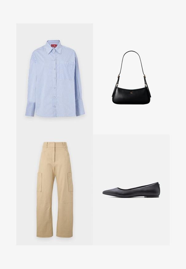 Camisa de rayas azul y blanca con cuello, mangas largas, botones en la parte frontal y un bolsillo en el pecho izquierdo con rayas a juego.; Pantalones cargo beige de algodón, con una cintura alta, perneras anchas, dos bolsillos laterales y dos grandes bolsillos cargo en los muslos.; Zapato plano de cuero negro con punta puntiaguda y tacón bajo, mostrado de perfil contra un fondo blanco.; Mini bolso negro de cuero para hombro con correa delgada y pequeño logo dorado CK en el centro frontal.
