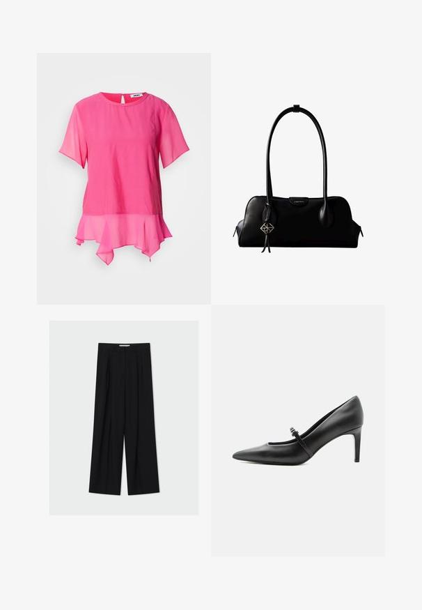 Top rosa de manga corta hecho de una tela ligera, con un escote redondo, una abertura en la espalda y un dobladillo con capas y volantes.; Pantalones negros de tiro alto y pierna ancha con trabillas y pliegues frontales, mostrados sobre un fondo gris claro.; Zapato de tacón alto de cuero negro con punta puntiaguda, con tira fina y hebilla sobre el empeine, sobre fondo claro y neutro.; Bolso de mano negro de cuero Calvin Klein con asas largas, una etiqueta con el logo frontal y un colgante geométrico plateado que cuelga de una de las asas.
