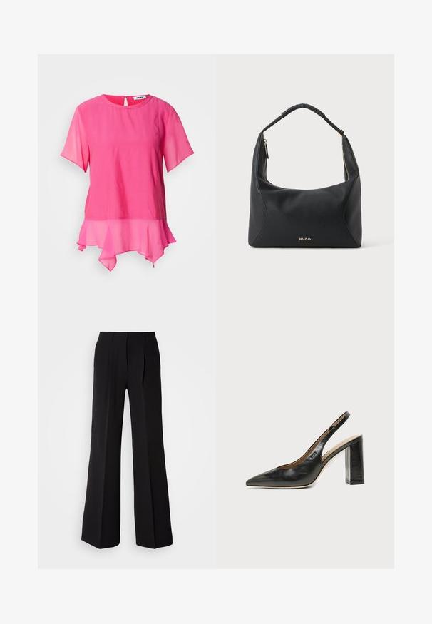Top rosa de manga corta hecho de una tela ligera, con un escote redondo, una abertura en la espalda y un dobladillo con capas y volantes.; Pantalones negros de tejido suave, con cintura alta, silueta de pierna ancha y dos pliegues frontales para añadir detalle de diseño.; Zapato slingback de piel negra con puntera puntiaguda, tacón alto y ancho, y forro interior beige sobre un fondo claro y liso.; Bolso de hombro de cuero negro con asa trenzada, detalle de cremallera dorada y pequeño logo "HUGO" dorado en el centro frontal.
