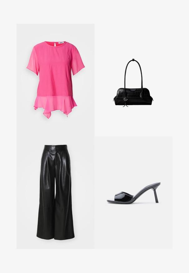 Haut rose à manches courtes en tissu léger, avec un col rond, un dos à trou de serrure et un ourlet superposé à volants.; Pantalons large en faux cuir noir, taille haute, avec un devant plissé et une texture lisse. Caractéristiques d'un design épuré et minimaliste.; Sandales à talons ouverts en cuir verni noir, avec un design supérieur incurvé et un talon aiguille effilé. Finition lisse et brillante.; Sac à épaule en cuir noir à texture crocodile, avec de longues sangles et un petit charm logo argenté sur une sangle.