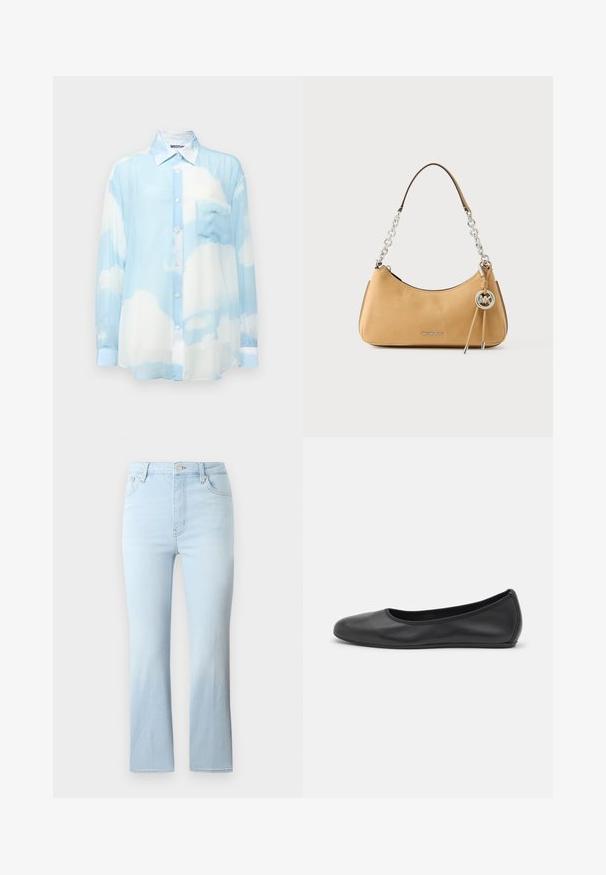 Lys blå, gennemsigtig langærmet skjorte med sky-mønster. Har knaplukning foran, krave og en venstre brystlomme. Blødt tekstil.; FRAME THE REBOOT CROP - Jeans Bootcut - light blue; Sort læderballetsko med rund tå, glat tekstur, minimal syning og et fleksibelt såldesign.; Tanfarvet lædertaske fra Michael Kors med sølvfarvet kædehåndtag, logohængsmykke og "MICHAEL KORS" bogstaver foran.