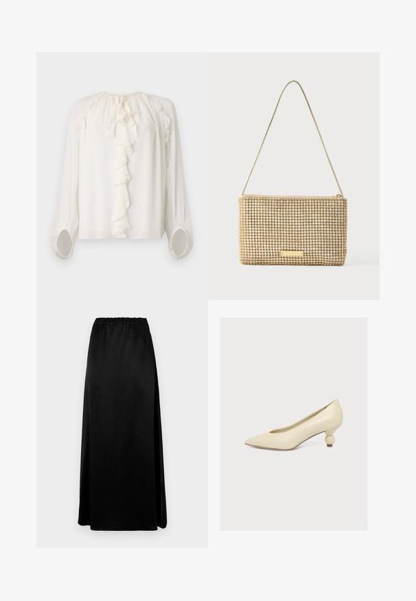 Blouse blanche à manches longues avec un col et des poignets à volants. Tissu doux et léger avec des détails froncés aux épaules et aux manches.; Jupe longue noire avec une texture lisse et froissée, dotée d'une taille élastique. Présente une fente sur le côté pour plus de liberté de mouvement et une silhouette élégante.; Escarpin couleur crème à bout pointu avec un talon bas unique en forme de bulbe sur fond blanc uni.; Pochette dorée de forme rectangulaire, recouverte de strass argentés brillants. Dotée d'une fine bandoulière métallique et d'une fermeture éclair.