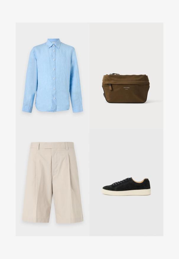 Light blue long-sleeve linen shirt with button-down front and classic collar, displayed on plain white background.; Beige knee-length shorts with belt loops, a front zip fly, and a single pleat on each leg.; Black suede sneaker with a low-top design, matching laces, cream textured rubber sole, and a minimalist silhouette.; Brown rectangular zippered pouch with small front pocket and "Tiger of Sweden 1903" text on front.