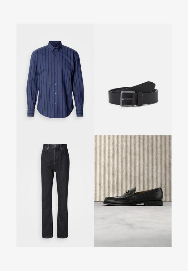 Chemise à manches longues bleu marine avec rayures verticales, col boutonné et logo subtil. Présente un ourlet arrondi et des accents de boutons.; Jean en denim noir taille haute avec fermeture à bouton et à glissière, poches avant et arrière, et coupe droite.; Mocassin en cuir noir avec mors en métal doré et logo "HUGO", présenté sur un tapis beige et un meuble translucide marron.; Ceinture en cuir noir avec une boucle en argent portant le logo de la marque, des coutures orange et une texture lisse. Design classique avec une finition élégante.