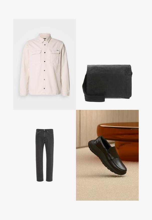 Lichtbeige overhemd met lange mouwen van katoen, voorzien van twee voorzakken, knoopsluiting en een klassieke kraag. Glad textuur en eenvoudig ontwerp.; Zwarte rechte denim jeans met knoop- en ritssluiting aan de voorkant, voor- en achterzakken, weergegeven op een witte achtergrond.; Zwarte leren loafer met dikke zool, weergegeven boven een beige tapijt en dichtbij een ronde amberkleurige tafelpoot.; Zwarte leren boodschappentas met een gladde textuur, klep-sluiting, verstelbare stoffen schouderband en subtiel reliëflogo op de voorkant.