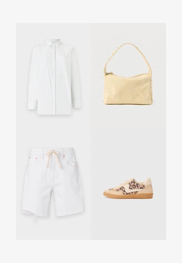 Weißes Langarmhemd mit hellblauen vertikalen Streifen. Verfügt über einen spitzen Kragen, eine Brusttasche und eine Knopfleiste. Glatte Textur.; Weiße Denim-Shorts mit rohem Saum, aus Baumwollmix, und einem beigen Kordelzug. Enthält hardware in kupfertönen und seitliche Taschen.; Löwenmuster-Sneaker mit beige Wildleder-Obermaterial, tanfarbener Gummisohle und weißen Akzenten. Runde Zehenform und Schnürdesign mit strukturiertem Finish.; Kleine beige Ledertasche mit einem einzigen Riemen und silbernen Nieten entlang der Kanten und des Riemens, vor einem schlichten Hintergrund.