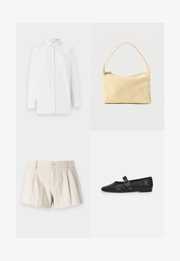 Weißes Langarmhemd mit hellblauen vertikalen Streifen. Verfügt über einen spitzen Kragen, eine Brusttasche und eine Knopfleiste. Glatte Textur.; Leinen-Shorts in einem hellbeigen Farbton, mit einem plissierten Design, vorderem Knopfverschluss und einer glatten, strukturierten Oberfläche.; Schwarzer Lederflatschuh mit runder Zehenform, einem verstellbaren Schnallenriemen und einer glatten, glänzenden Oberfläche. Minimalistisches Design mit einem niedrigen Absatz.; Kleine beige Ledertasche mit einem einzigen Riemen und silbernen Nieten entlang der Kanten und des Riemens, vor einem schlichten Hintergrund.