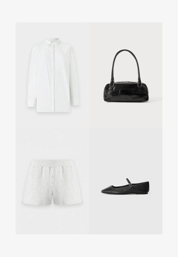 Weißes Langarmhemd mit hellblauen vertikalen Streifen. Verfügt über einen spitzen Kragen, eine Brusttasche und eine Knopfleiste. Glatte Textur.; Hellgraue Baumwollshorts mit elastischem Bund und drei weißen Knöpfen in der vorderen Mitte, dargestellt vor weißem Hintergrund.; Schwarze Leder-Balletschuhe mit spitzem Zeh, flacher Sohle und einem kleinen Riemen mit Schnalle am Knöchel für sicheren Halt.; Schwarze Lederhandtasche in rechteckiger Form, mit einem stabilen Griff, silbernem Zubehör und Reißverschluss. Glatte Textur.