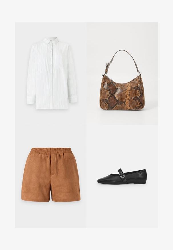 Weißes Langarmhemd mit hellblauen vertikalen Streifen. Verfügt über einen spitzen Kragen, eine Brusttasche und eine Knopfleiste. Glatte Textur.; Braune Wildledershorts mit elastischem Bund, die eine lockere Passform und eine glatte Textur bieten. Einfaches Design, geeignet für legere Kleidung.; Schwarzer Lederflatschuh mit runder Zehenform, einem verstellbaren Schnallenriemen und einer glatten, glänzenden Oberfläche. Minimalistisches Design mit einem niedrigen Absatz.; Kleine Handtasche mit braunem und schwarzem Schlangenledermuster, kurzem verstellbarem Tragegurt und Reißverschluss.
