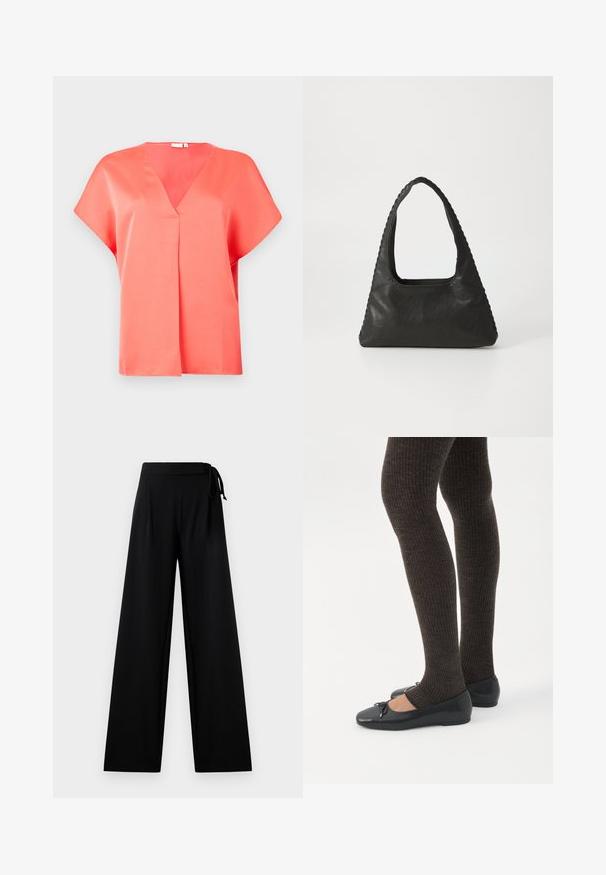 Blusa de satén coral con escote en V, mangas cortas y un corte relajado. Cuenta con un detalle de costura central, textura suave y un diseño minimalista.; Pantalones de pierna ancha negros, hechos de una tela suave, cuentan con una cintura alta con un detalle atado. Tienen un silueta fluida y relajada.; Piernas con leggings oscuros acanalados combinados con bailarinas negras que presentan pequeños detalles de lazo sobre un fondo blanco.; Bolso de cuero negro con forma triangular, un gran asa recortada y costuras detalladas a lo largo de los bordes. Textura suave.