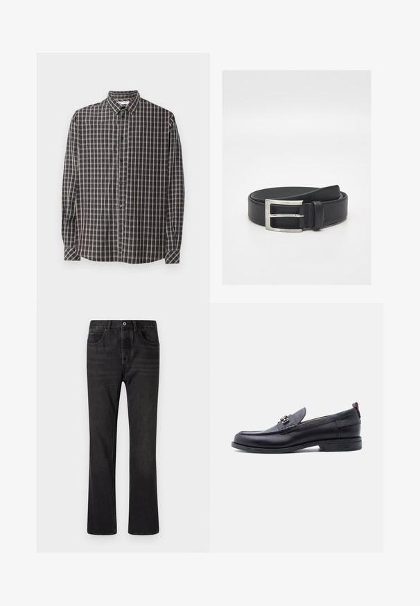 Chemise boutonnée à manches longues avec un motif à carreaux bleu foncé et beige. Dotée d'un col classique et de boutons à l'avant avec un ourlet droit.; Jeans en denim noir avec une coupe droite, cinq poches et une fermeture à bouton à l'avant. Surface texturée avec des détails de décoloration subtils.; Mocassin en cuir noir avec empeigne texturée grise, détail boucle en métal argenté, petit talon et languette à l'arrière.; Ceinture en cuir noir avec boucle rectangulaire argentée gravée "BOSS", roulée soigneusement sur un fond blanc.