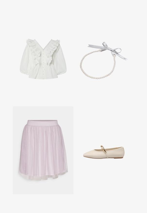 Chemisier blanc avec un décolleté en V profond, des manches bouffantes et des détails volantés à l'avant. Fabriqué en coton avec une fermeture à boutons et des accents texturés.; VILA VIDOLL SKIRT - Minijupe - nirvana; Chaussure plate couleur crème avec bout pointu et une lanière courbe dorée brillante sur le dessus, vue de profil sur fond blanc.; Collier de perles à un seul rang avec un ruban en satin blanc lisse noué en nœud sur fond blanc.