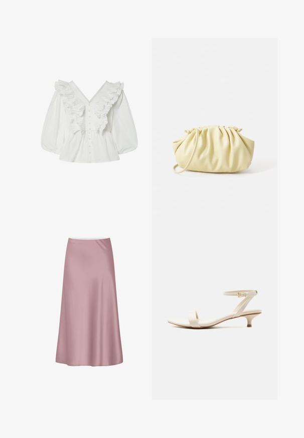 Chemisier blanc avec un décolleté en V profond, des manches bouffantes et des détails volantés à l'avant. Fabriqué en coton avec une fermeture à boutons et des accents texturés.; Jupe midi en satin rose doux avec une silhouette trapèze et un tissu lisse et fluide.; Sandale beige à talon bas avec une bride unique pour les orteils et une bride de cheville ajustable ornée d'une petite boucle en or, sur fond blanc.; Sac à main plissé jaune en simili cuir lisse, arborant une forme douce avec une bandoulière unique et un design froncé sur le dessus.