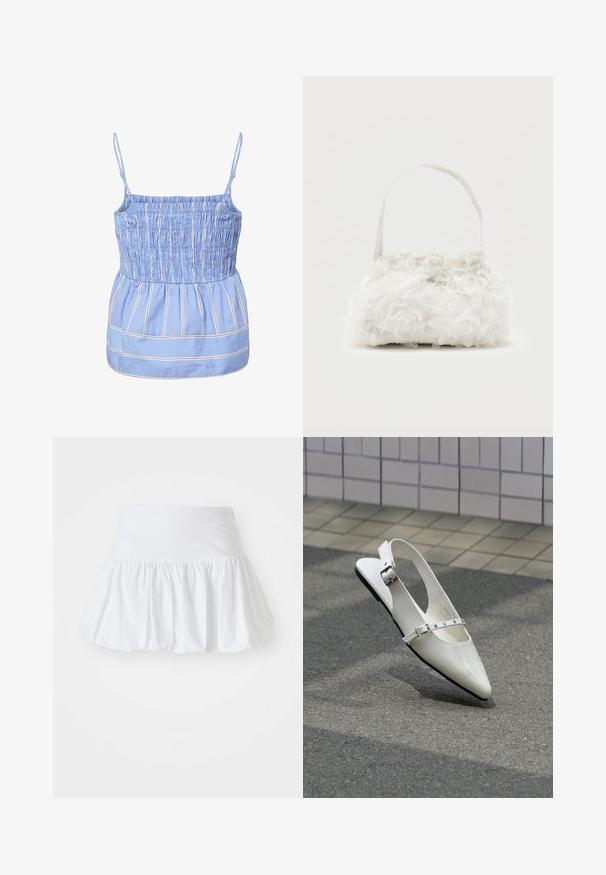 Haut sans manches bleu clair avec fines rayures verticales blanches et rouges, corsage smocké, bretelles fines réglables et détail froncé à la taille.; Jupe évasée blanche fabriquée en tissu léger, avec un design froncé et une taille élastique pour le confort. Pas de motifs ni d'accents visibles.; Chaussure plate slingback blanche pointue avec deux boucles argentées, présentée en extérieur sur un sol texturé et un mur carrelé en arrière-plan.; Petit sac à main blanc orné de roses en tissu recouvrant le corps et d'une fine anse unique, sur un fond uni.