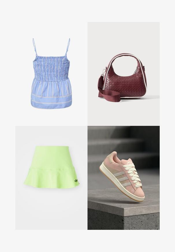 Haut sans manches bleu clair avec fines rayures verticales blanches et rouges, corsage smocké, bretelles fines réglables et détail froncé à la taille.; adidas Originals SKIRT - Minijupe - signal green; Baskets en daim rose et cuir beige avec des rayures blanches, bout rond, semelle plate et lacets blancs. Présente un logo sur la languette.; Sac à main en cuir tressé marron foncé avec poignée courbée, garniture blanche, fermeture éclair argentée et bandoulière large en tissu amovible sur fond uni.