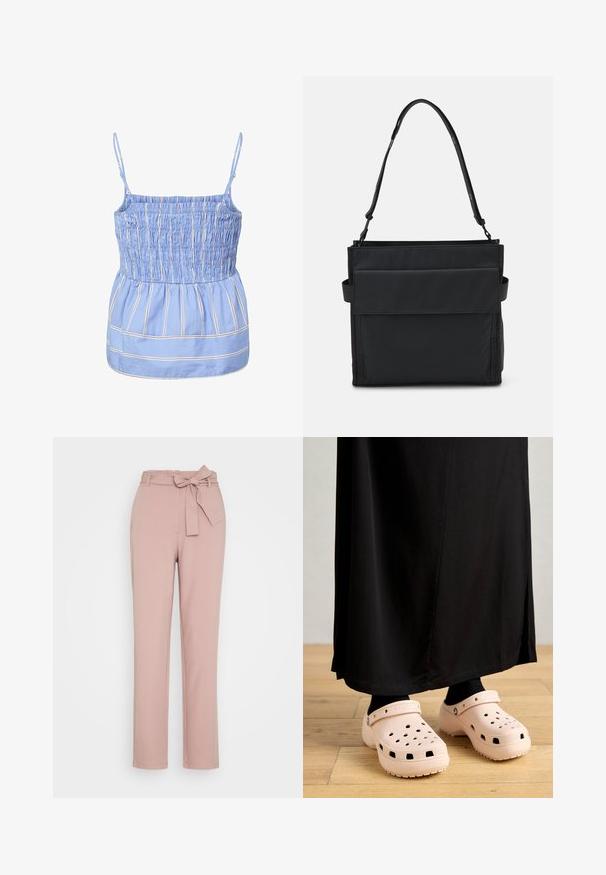 Haut sans manches bleu clair avec fines rayures verticales blanches et rouges, corsage smocké, bretelles fines réglables et détail froncé à la taille.; Pieces PCBOSELLA PAPERBAG STRAIGHT PANTS - Pantalon classique - woodrose; Sabots en caoutchouc rose avec des trous de ventilation, une semelle épaisse et une sangle autour du talon, assortis à une longue jupe noire.; Sac à bandoulière noir en tissu, avec une poche avant plate, une sangle réglable et un design minimaliste. Texture lisse sans motifs.