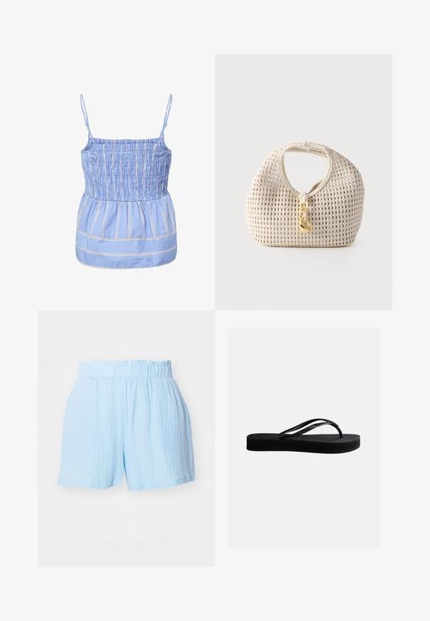 Haut sans manches bleu clair avec fines rayures verticales blanches et rouges, corsage smocké, bretelles fines réglables et détail froncé à la taille.; Shorts en tissu bleu clair texturé avec une taille élastique froncée et une coupe décontractée.; Tongs en caoutchouc noir avec semelle texturée et bride en forme de Y, vues de côté sur un fond clair uni.; Sac à main tressé de couleur crème, forme arrondie, poignée courte et fermoir décoratif doré suspendu au centre devant.