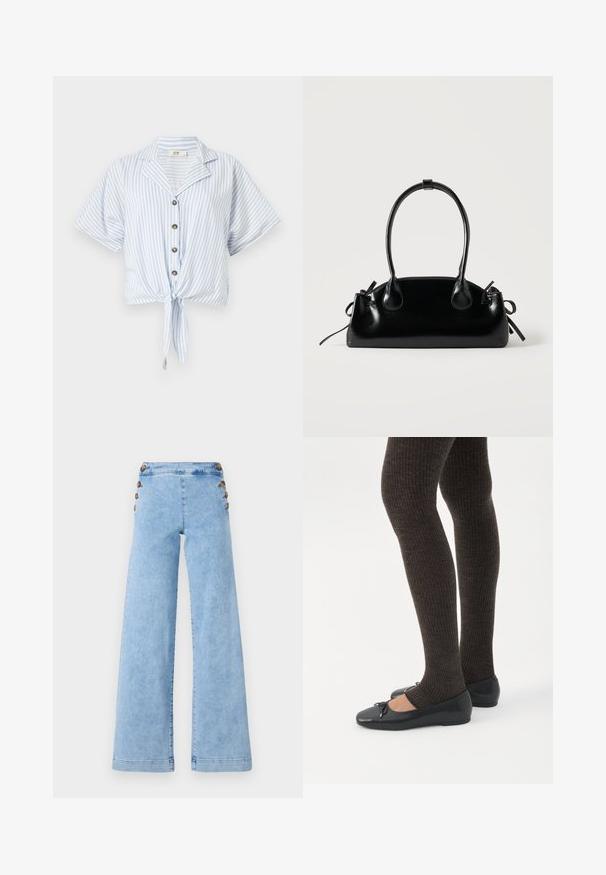 Lühikeste varrukatega, kaelusega helesinine särk valgete triipudega, millel on nööbiga kinnitatav esitamine ja sõlmitud hem, et saavutada lühike sobivus.; Heledsinine denim wide-leg teksad kõrge vöökoht, millel on metallnööpide detailid külgedel ja sujuv, kergelt kulunud tekstuur.; Jalad seljas tumedad soonelises soonelises kombines mustade baleriinadega, millel on väikesed paelade detailid valgel taustal.; Väike must läikiv käekott kahe pika sangaga ja külgedel paelakinnitustega, ühel lihtsal helel taustal.