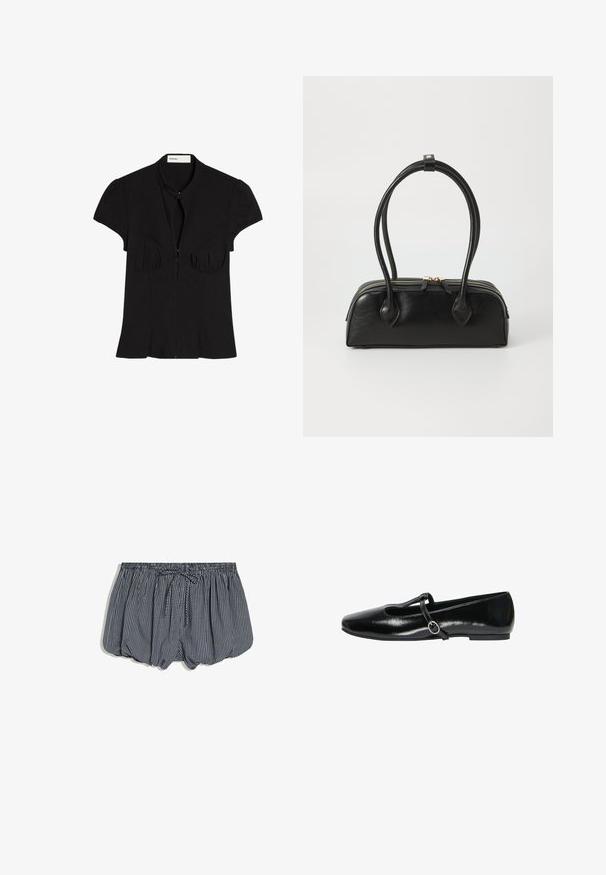 Black short-sleeve blouse with ruched bust, front zipper, and a small collar, laid flat showing the front side.; Navy blue and white checkered shorts with an elastic waistband and a front drawstring, displayed on a white background.; Black patent leather flat shoe with a single thin buckle strap across the top and a rounded square toe shape.; Black leather handbag with two elongated handles, zip closure, and rounded shape; smooth texture with subtle shiny finish.