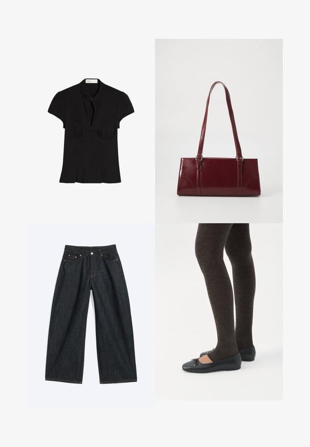Black short-sleeve blouse with ruched bust, front zipper, and a small collar, laid flat showing the front side.; Dark blue wide-leg denim jeans with a button and zipper front, belt loops, and five pockets laid flat on a white background.; Legs wearing dark ribbed leggings paired with black ballet flats featuring small bow details on a white background.; Burgundy handbag made of glossy material, rectangular shape, with two shoulder straps and subtle curved accents on the front.