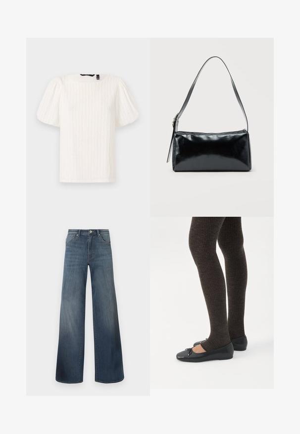 Witte top met pofmouwen, voorzien van getextureerde verticale strepen, ronde halslijn en zachte stof; heeft een relaxte pasvorm en een subtiele glanzende textuur.; Brede denims met wijde pijpen in donkerblauw, met een verwasde afwerking, knoopsluiting en vijf-pocketstijl. Gladde textuur, minimale stikseldetails.; Benen met donkere geribbelde leggings gecombineerd met zwarte ballerina's met kleine strikdetails op een witte achtergrond.; Zwarte rechthoekige schoudertas met een enkele verstelbare band en een bovenste ritssluiting op een effen achtergrond.